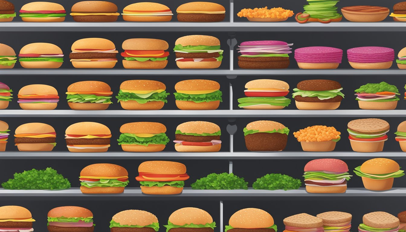 A colorful display of Beyond Meat burger patties surrounded by various dietary-restricted options at an HEB store