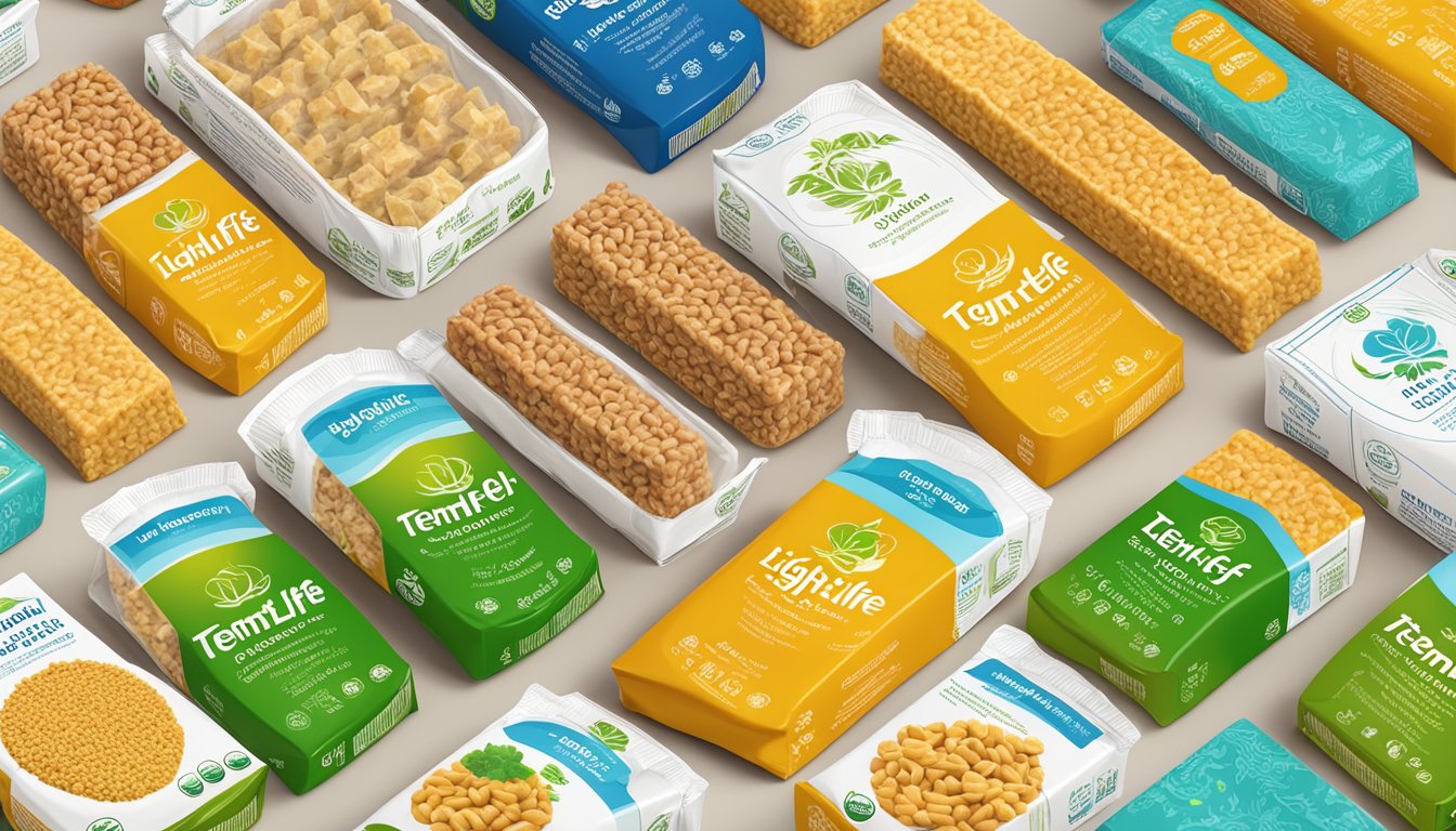 A colorful display of Lightlife Organic Tempeh packages surrounded by various dietary restriction symbols