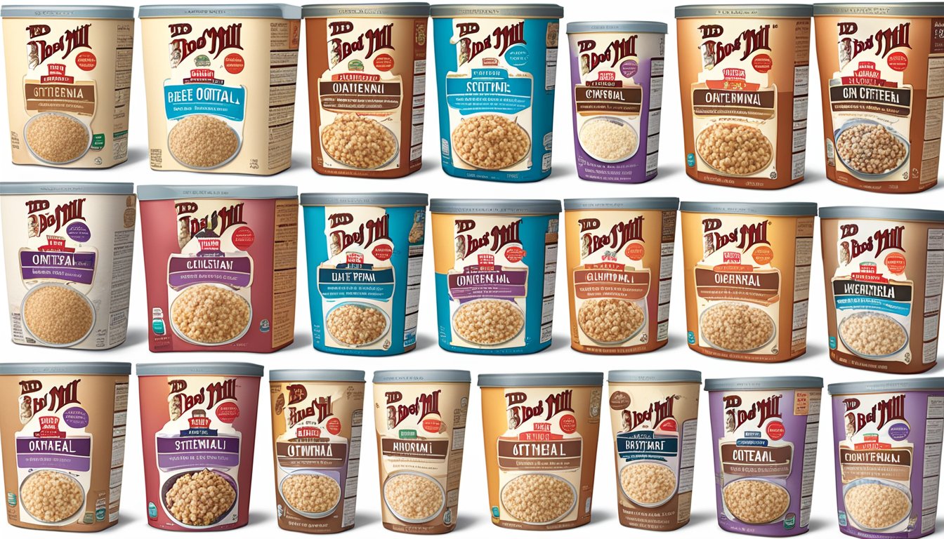 A display of 12 varieties of Bob's Red Mill Gluten Free Oatmeal, with clear labeling for dietary restrictions