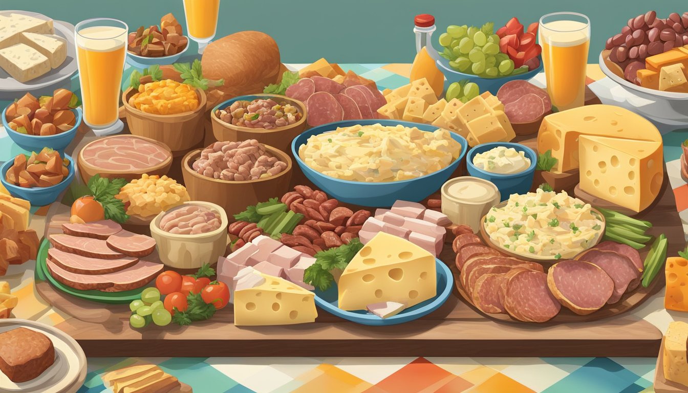 A colorful party tray filled with an assortment of cheeses and meats, surrounded by various HEB products, perfect for tailgating