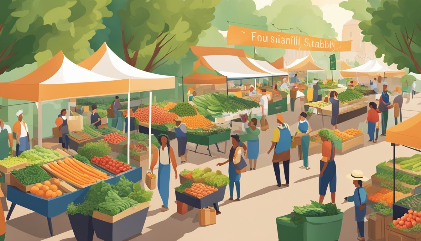 A bustling farmer's market with a variety of local produce and products on display, surrounded by greenery and signs promoting sustainability