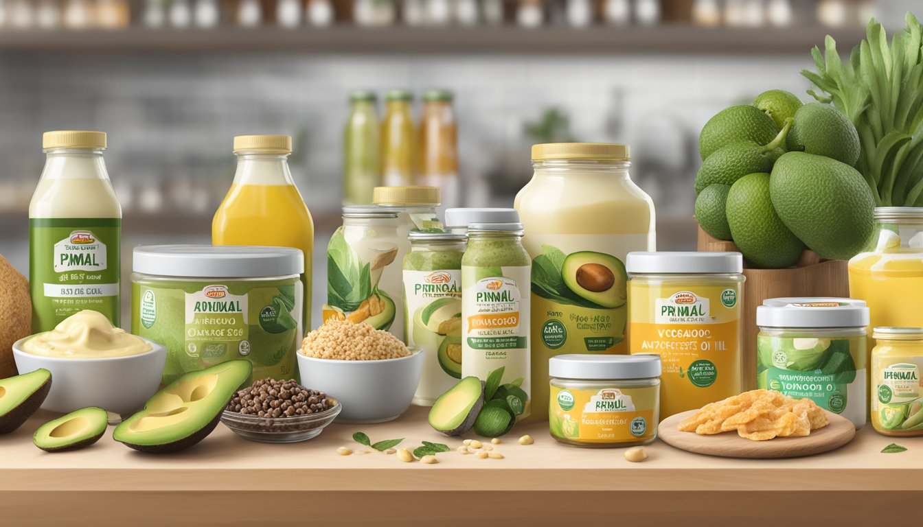 A display of 12 Primal Kitchen Avocado Oil Mayo jars surrounded by various dietary restriction-friendly food items at HEB