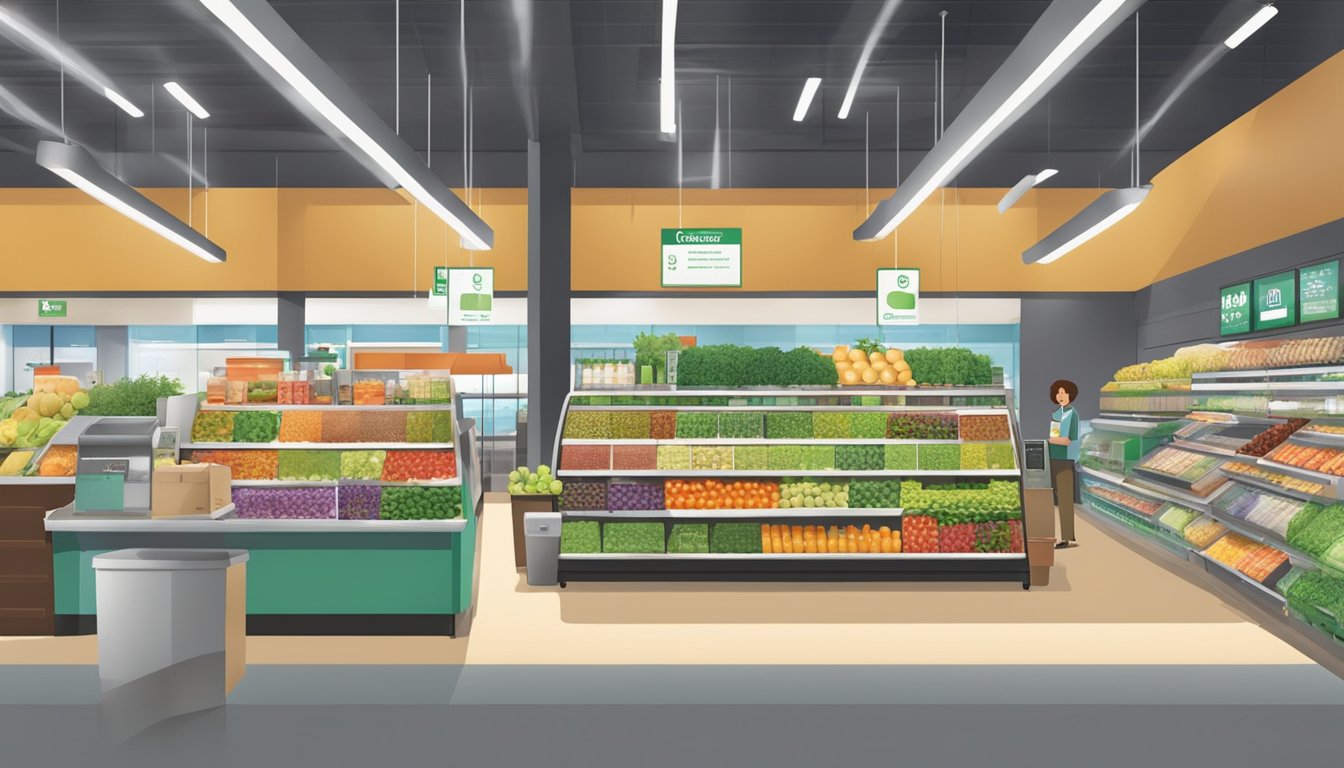 A bustling grocery store with energy-efficient lighting, recycling bins, and displays of locally-sourced produce. Customers use reusable bags and refill stations for bulk items