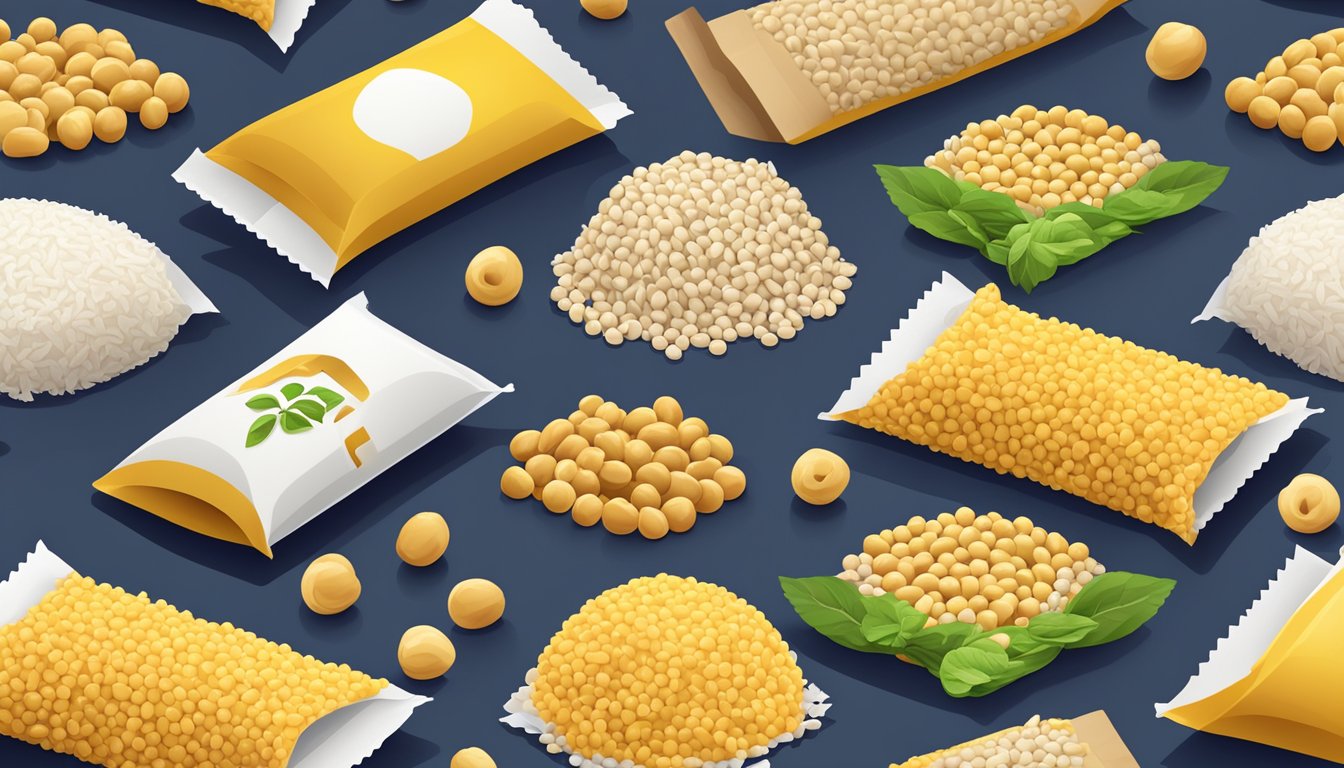 A colorful display of Banza Chickpea Rice packages surrounded by various dietary restriction symbols