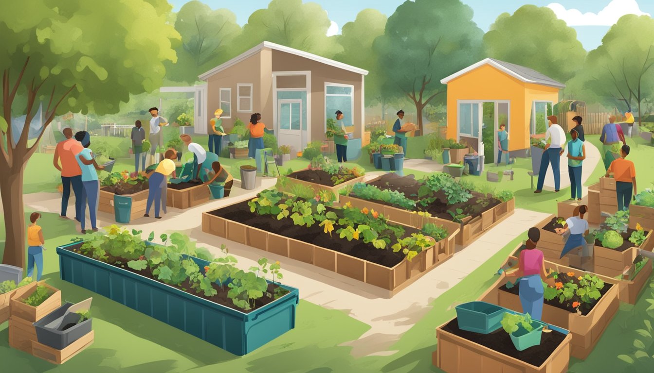 A community garden with compost bins, recycling stations, and educational signs. A group of people are participating in a workshop on sustainable gardening