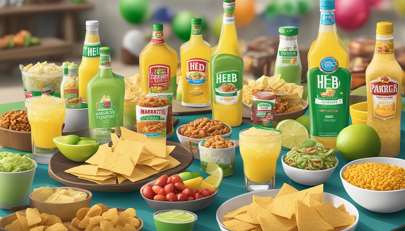 A festive tailgating scene with HEB Margarita Mix surrounded by 15 HEB products, including snacks and drinks, set up on a table for a party