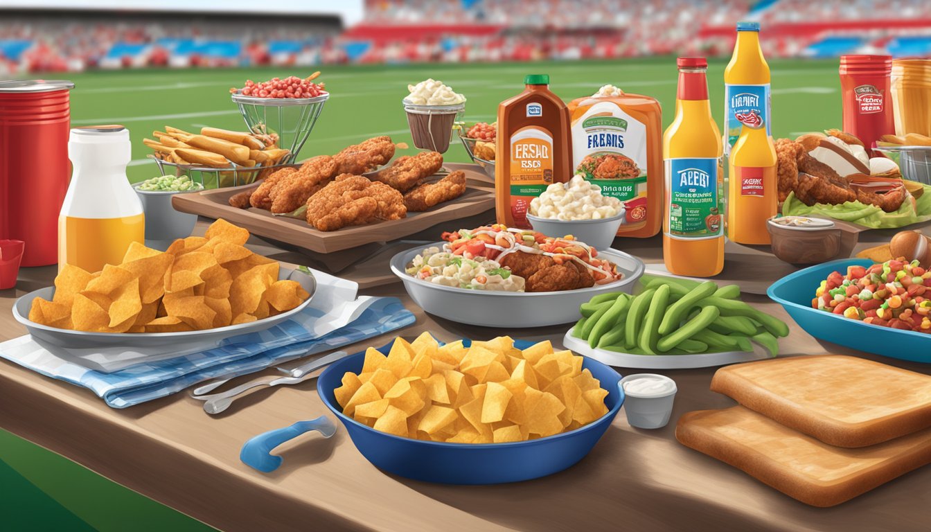 A vibrant tailgating scene with a variety of HEB products displayed on a table, surrounded by excited fans and sports equipment