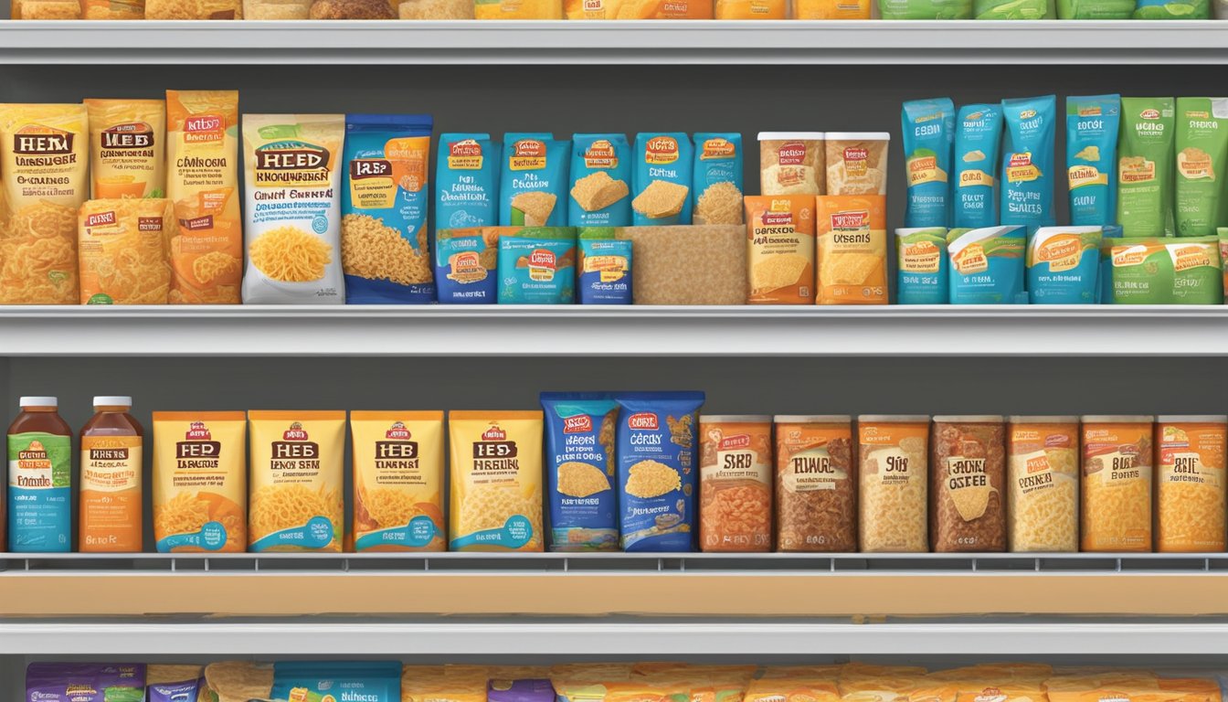 A variety of HEB products, including Daiya Cheddar Style Shreds, are displayed on shelves, showcasing the range of offerings for different dietary restrictions