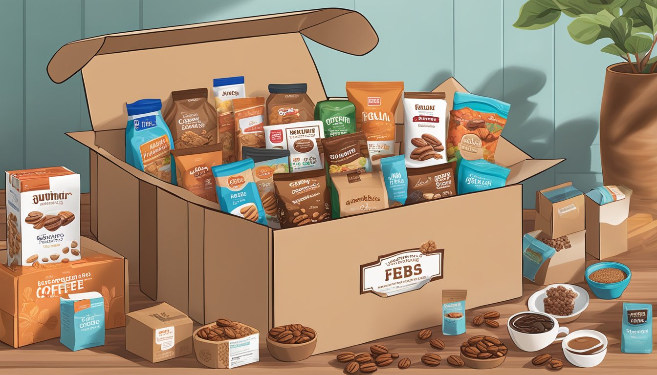 A cozy care package scene featuring HEB Texas Pecan Coffee surrounded by 10 other HEB products, including snacks and personal care items