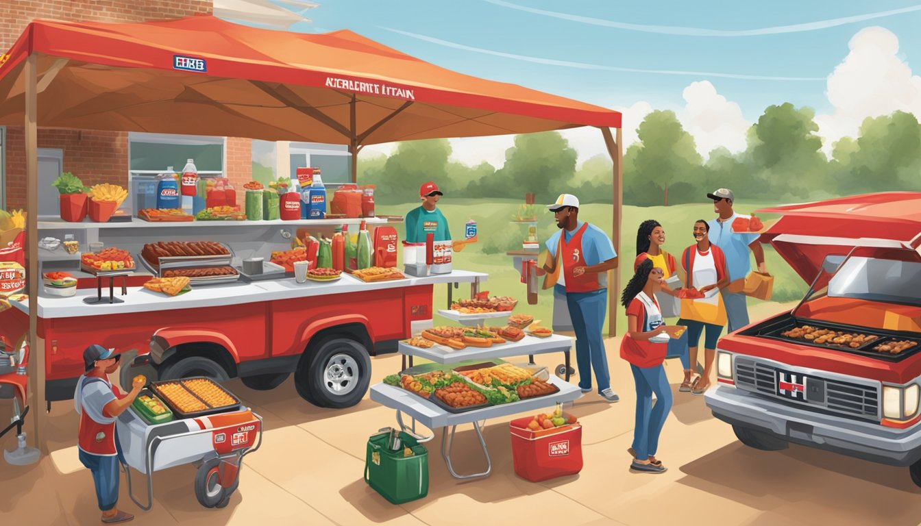 A lively tailgate scene with H-E-B products arranged on a table, surrounded by fans, grills, and coolers, creating a vibrant and inviting atmosphere