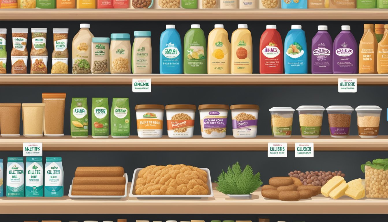 A variety of HEB products arranged on a shelf, including gluten-free, dairy-free, and vegan options. Labels clearly indicate dietary restrictions catered to