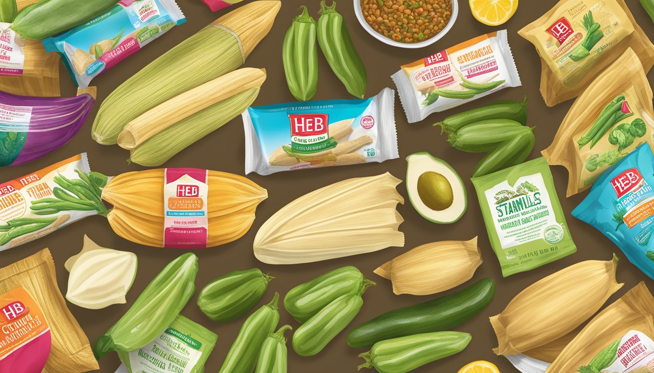 A colorful display of HEB products, including Central Market Hatch Green Chile Tamales, arranged in a care package with other items