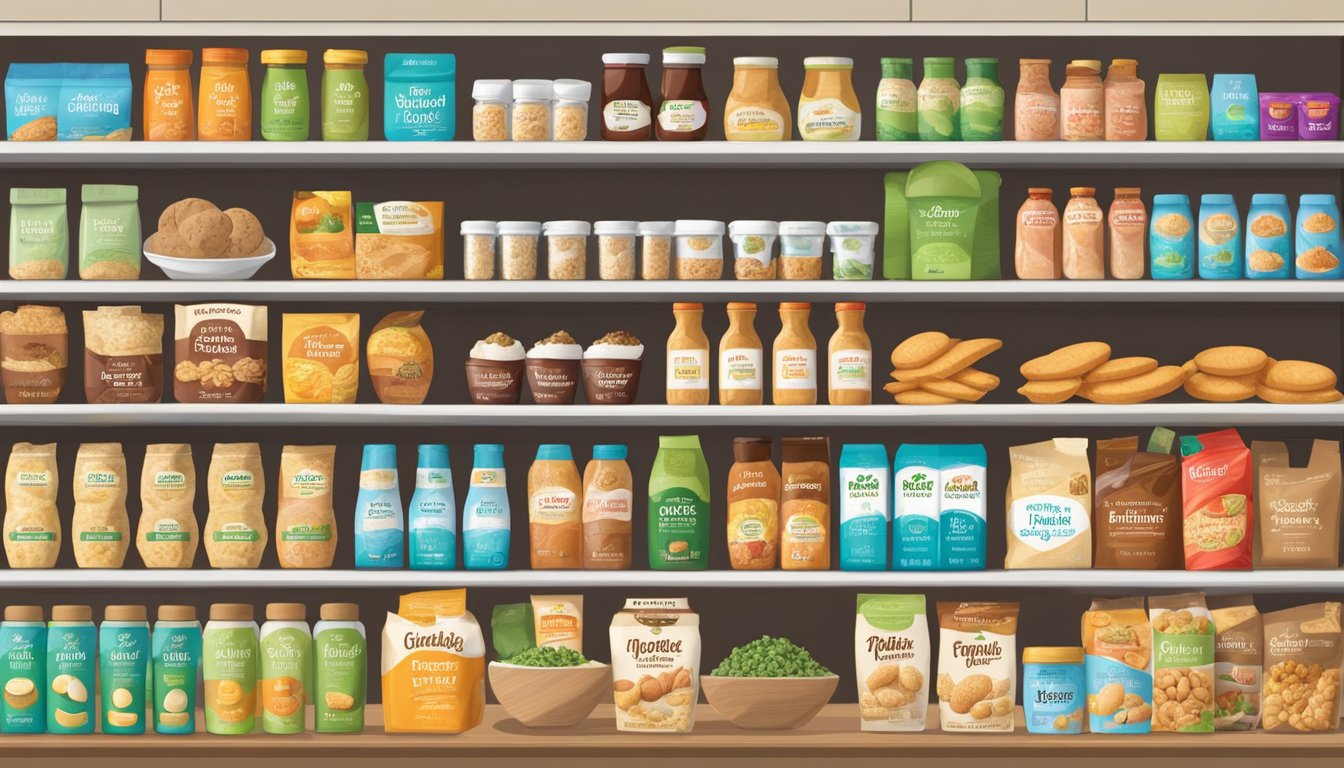 A display of 12 HEB products, each labeled with specific dietary restrictions such as gluten-free, dairy-free, and vegan, organized on a shelf in the grocery store