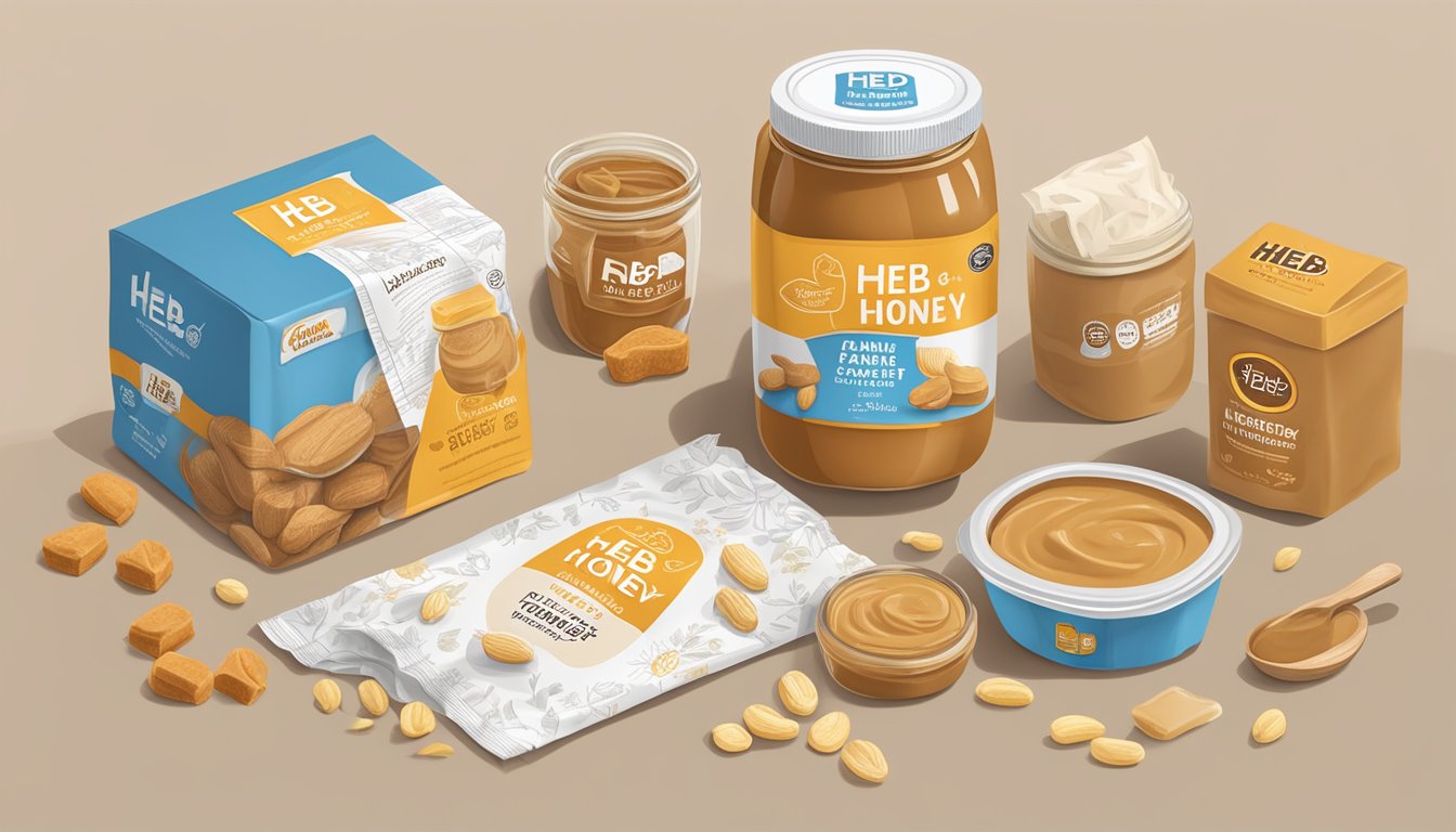 A jar of HEB Honey Roasted Peanut Butter surrounded by other HEB products, arranged neatly in a care package with tissue paper and a handwritten note