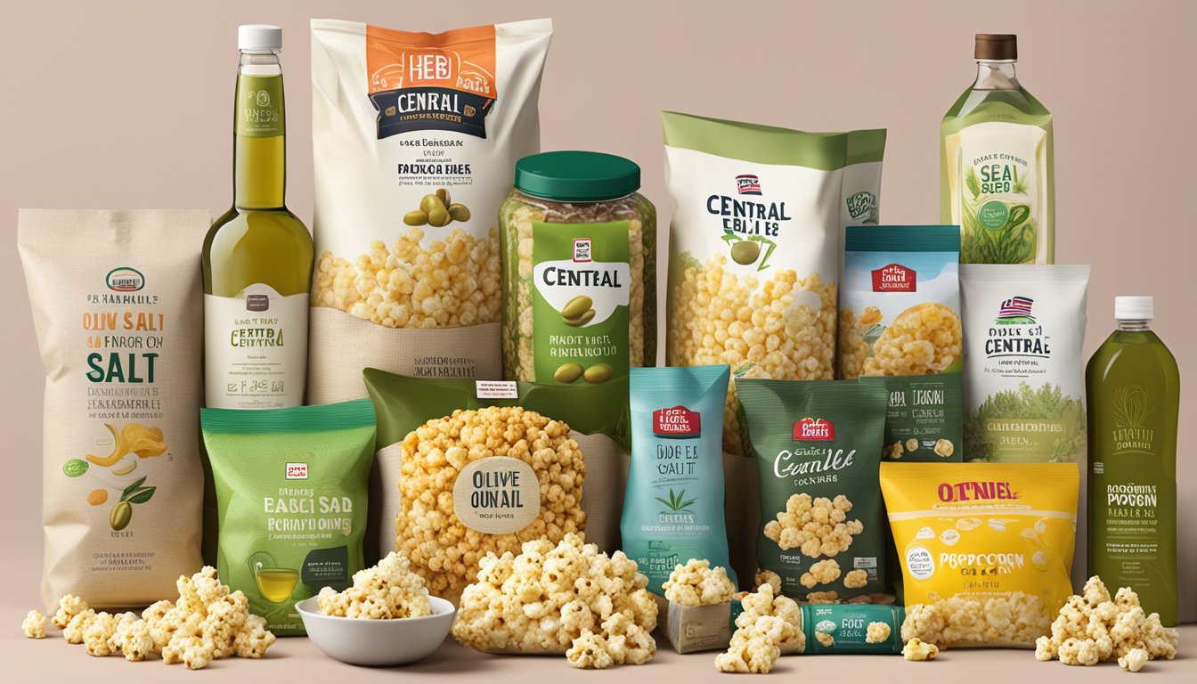 A bag of Central Market Olive Oil & Sea Salt Popcorn surrounded by 9 other HEB products, including snacks, toiletries, and household items, arranged in a care package