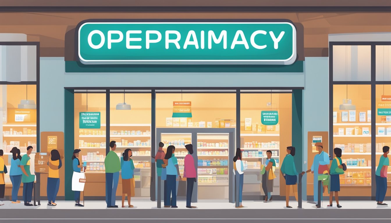 A brightly lit HEB pharmacy with open doors and a sign promoting extended prescription hours. Customers wait in line while staff members assist with prescriptions