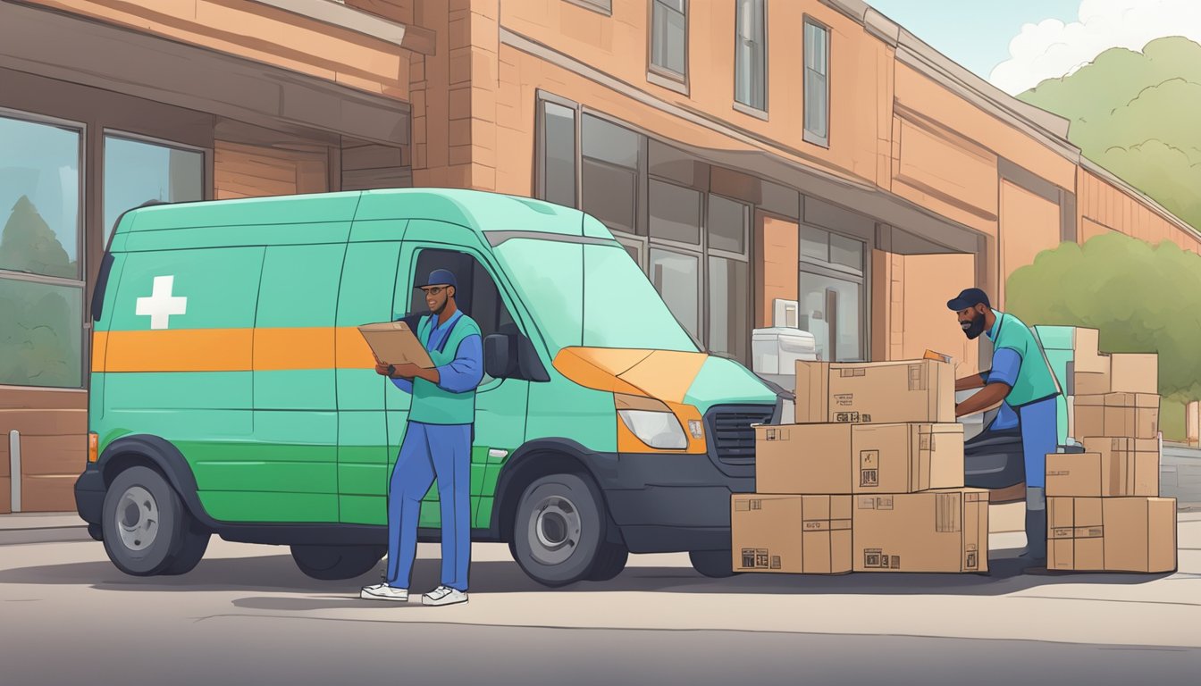 A pharmacist at HEB processes prescriptions while a delivery driver loads packages into a van for same-day delivery