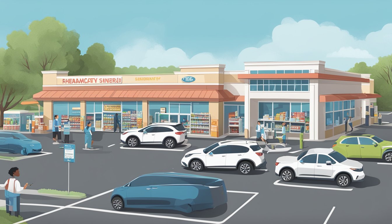 A busy drive-thru pharmacy at HEB, with cars lined up, a pharmacist handing out prescriptions, and a sign listing the 7 standout services offered