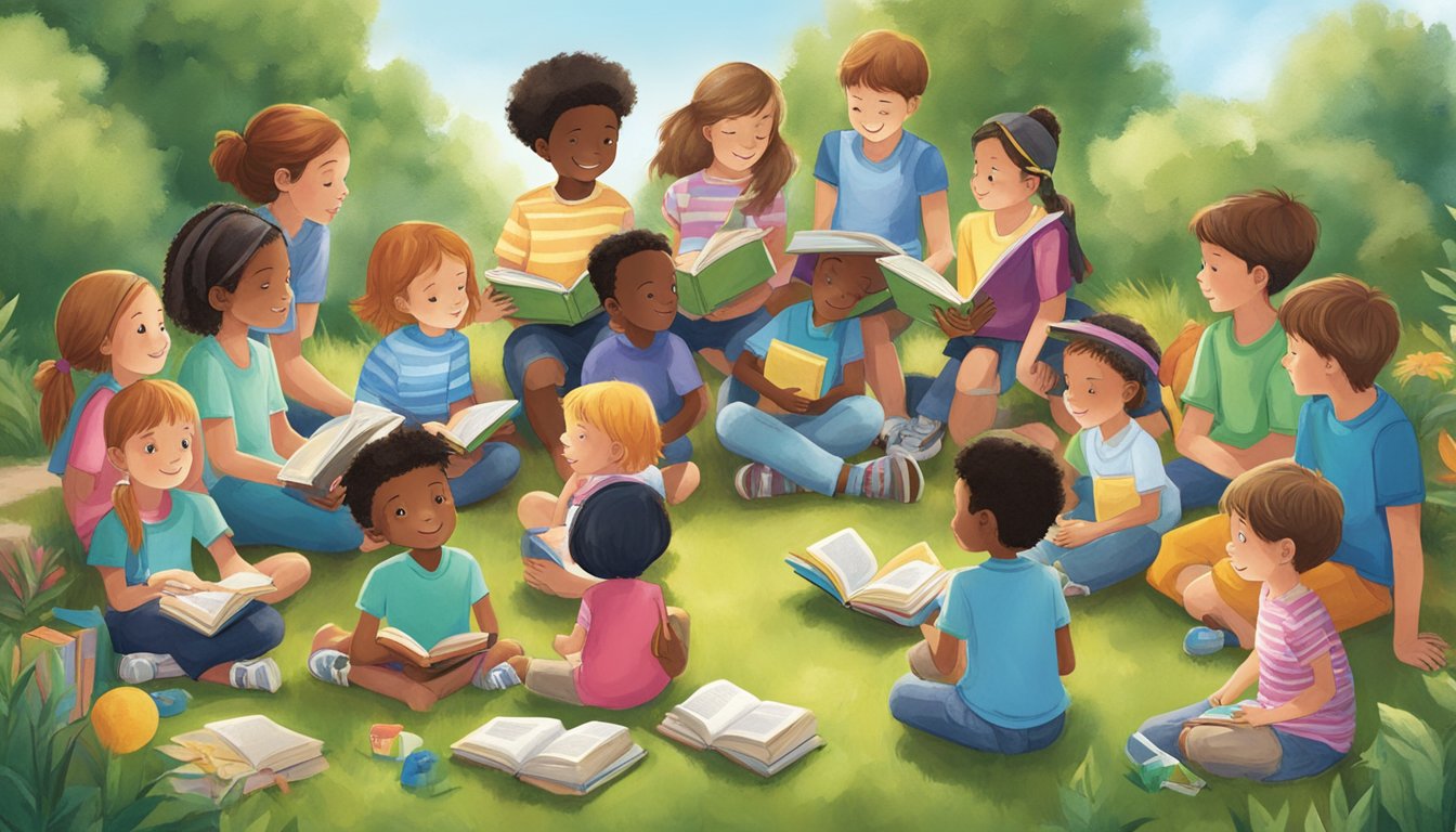 A group of children gather in an outdoor setting, surrounded by books, engaging in various educational activities with the support of HEBuddy Summer Reading Club