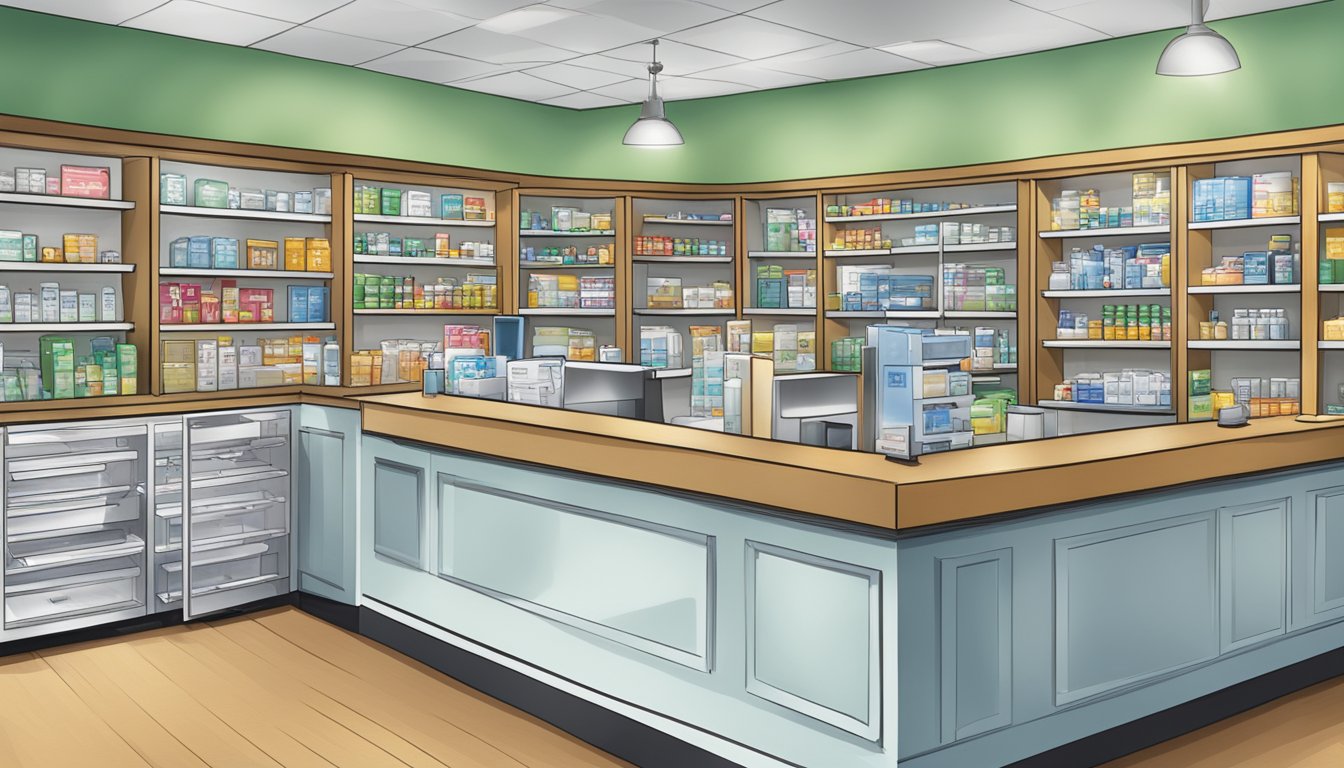 A pharmacy counter with a variety of insurance logos displayed prominently