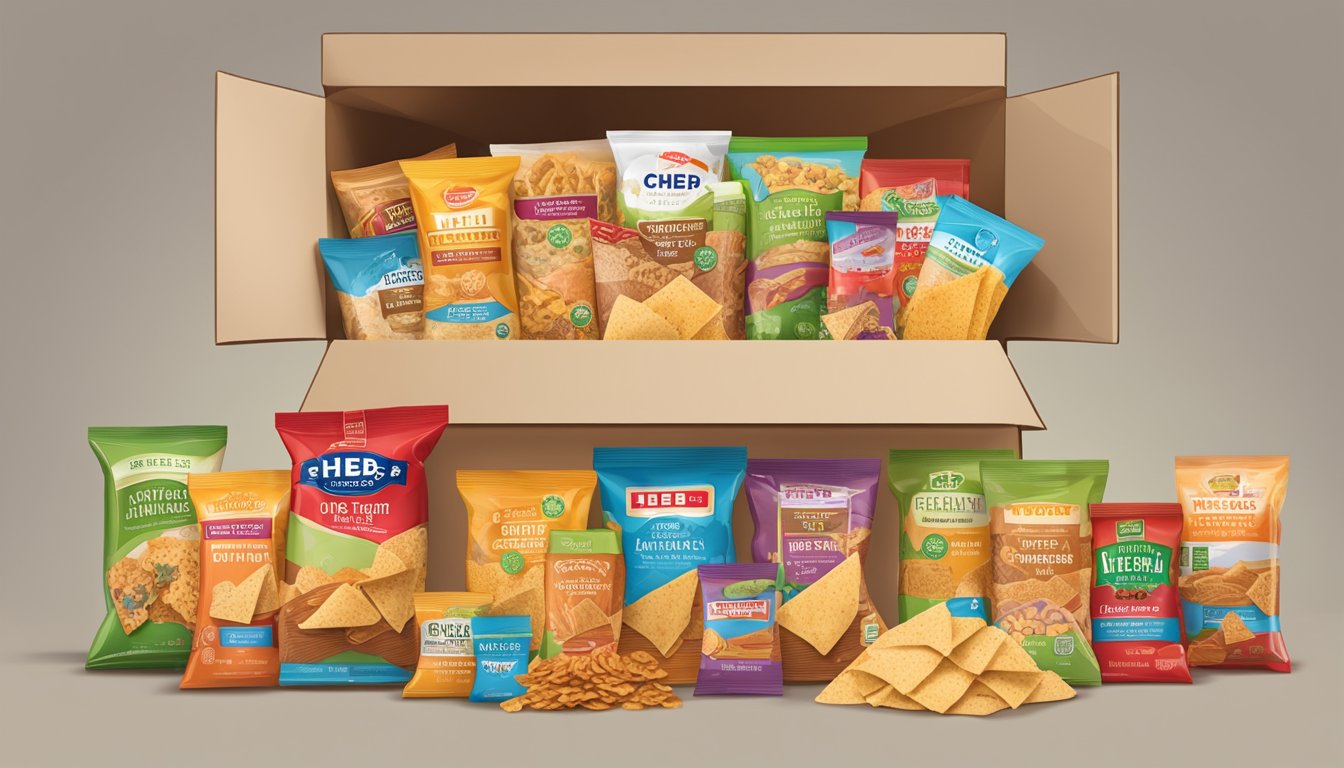 A colorful care package filled with HEB Select Ingredients Multigrain Tortilla Chips and other HEB products, arranged neatly in a sturdy box