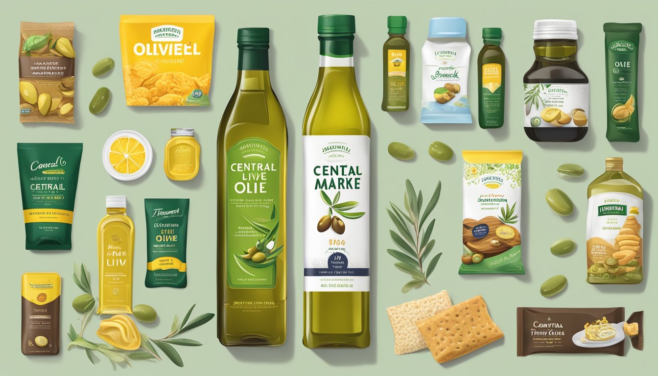 A bottle of Central Market Extra Virgin Olive Oil surrounded by 10 HEB care package items like snacks, toiletries, and household goods