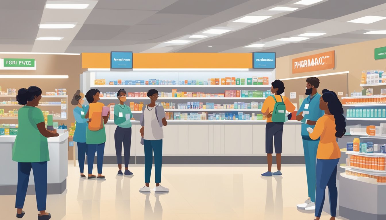 A pharmacist at HEB administers vaccines to a diverse group of customers, while others wait in line. The pharmacy is clean, organized, and brightly lit, with informational brochures displayed prominently