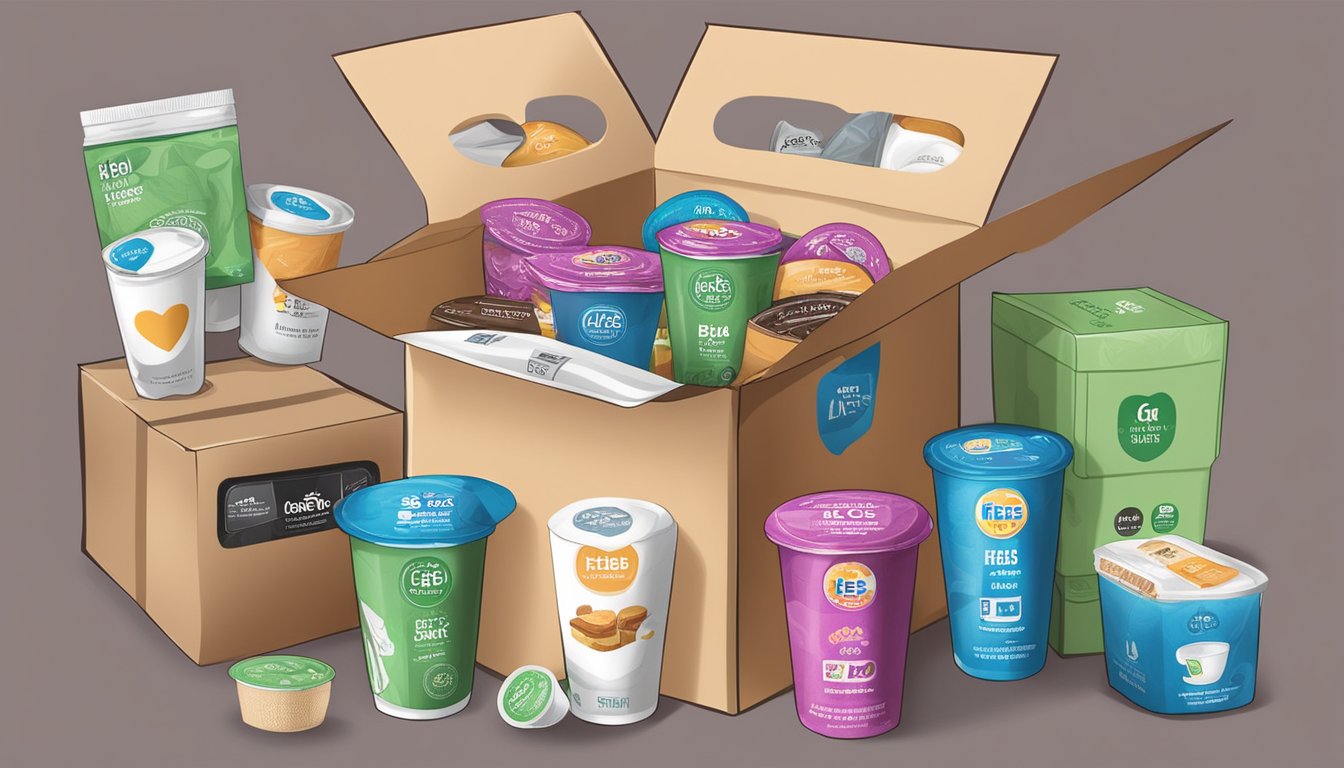 A care package with HEB Cafe Ole K-Cups surrounded by 10 HEB products, such as snacks and toiletries, arranged neatly in a box