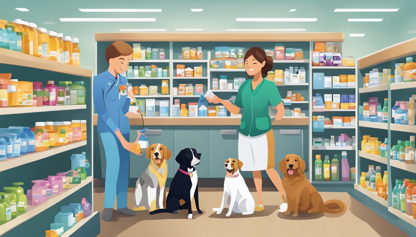 A colorful array of pet medications and pharmacy services offered by HEB, with a friendly and knowledgeable staff assisting pet owners