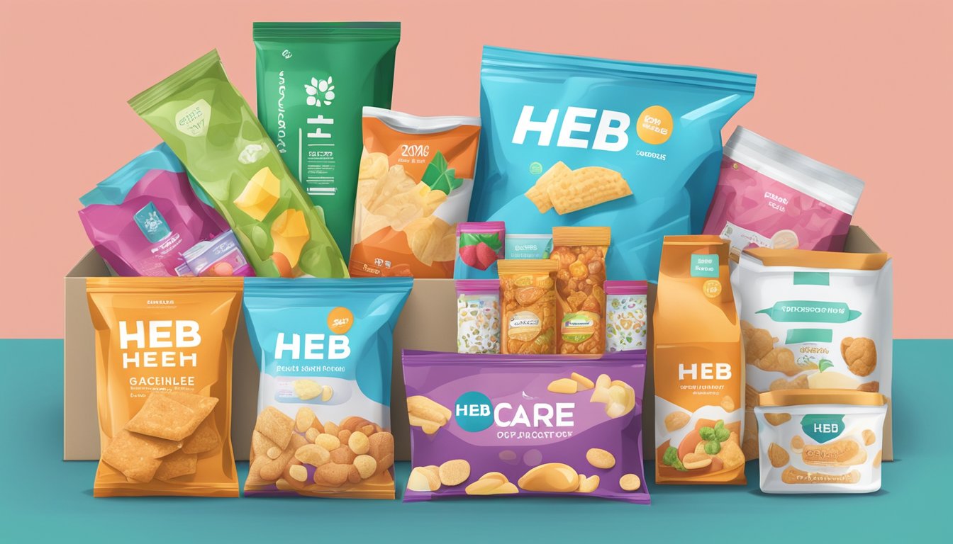 A care package filled with 10 HEB products, including snacks, toiletries, and household items, arranged neatly in a box with colorful packaging