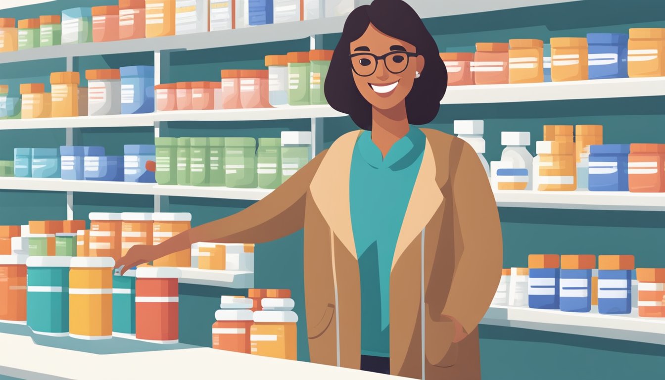 A pharmacist at HEB's medication management counter, assisting a customer with a smile, shelves stocked with various prescription medications in the background