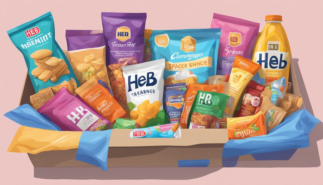 A care package filled with HEB products, including snacks, toiletries, and other essentials, arranged neatly in a colorful box with tissue paper