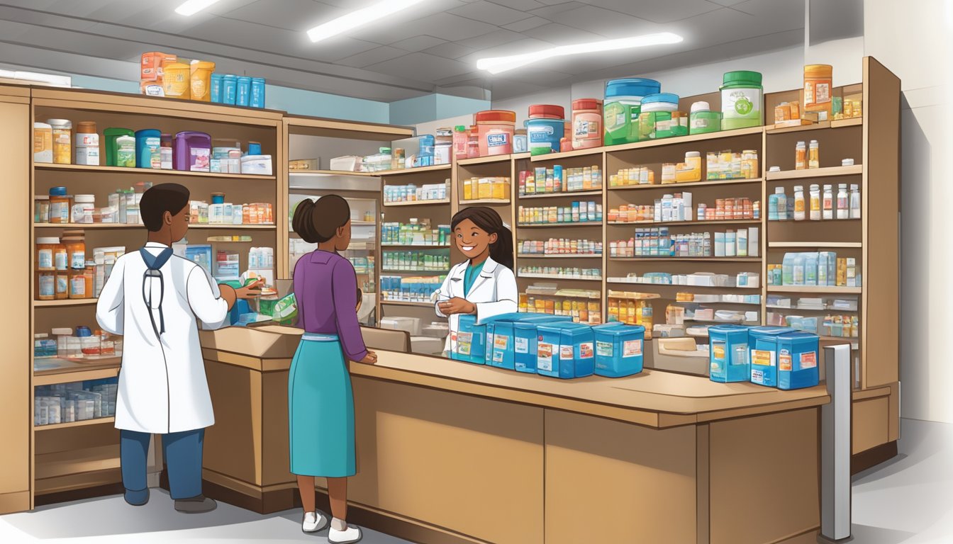 A pharmacist at HEB engages with the local community, hosting educational workshops and providing personalized medication consultations. The pharmacy is bustling with activity as customers receive attentive care and information