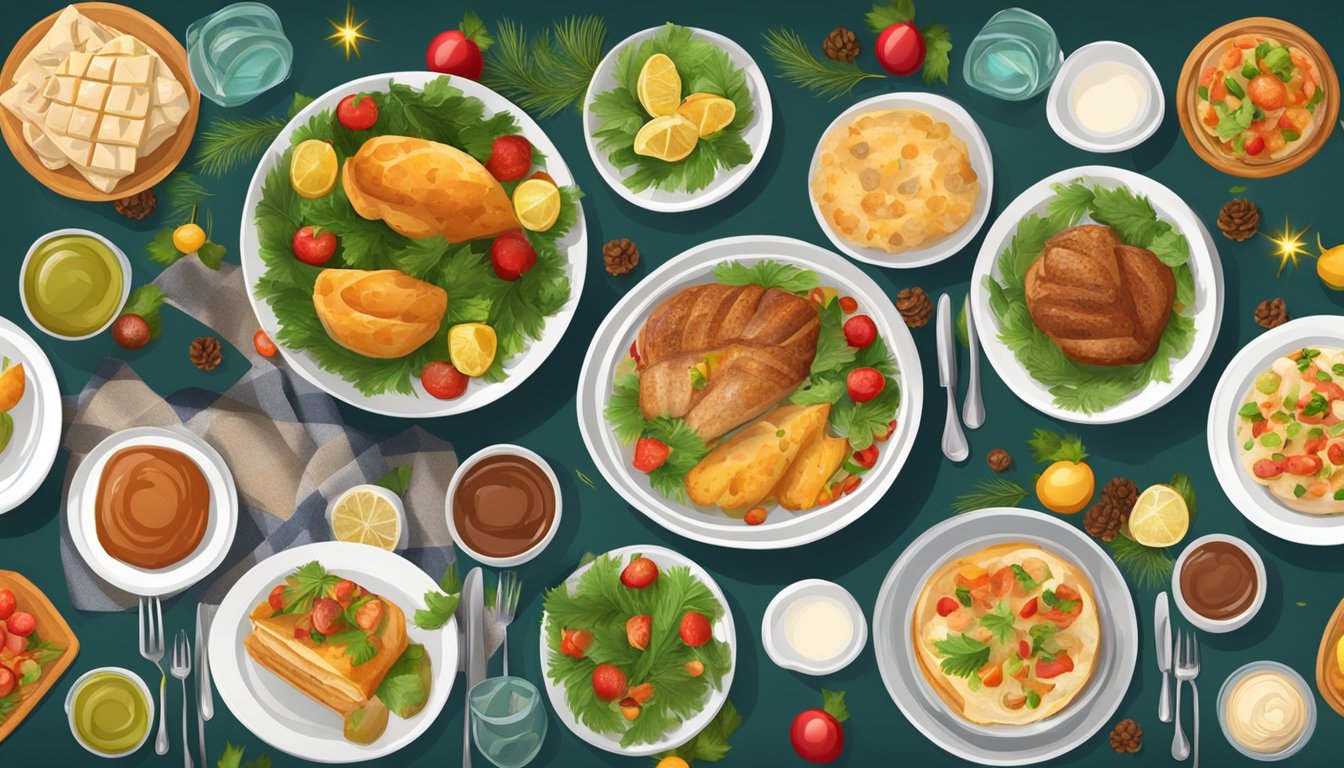 A festive holiday table set with a variety of prepared meals and festive decorations