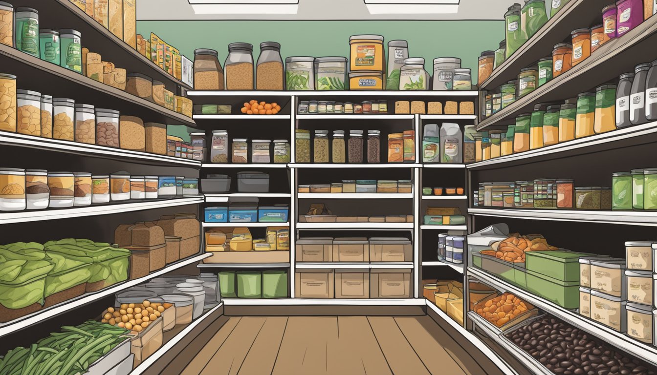 A well-stocked pantry with HEB products, including Central Market Organics Black Beans, neatly organized on shelves