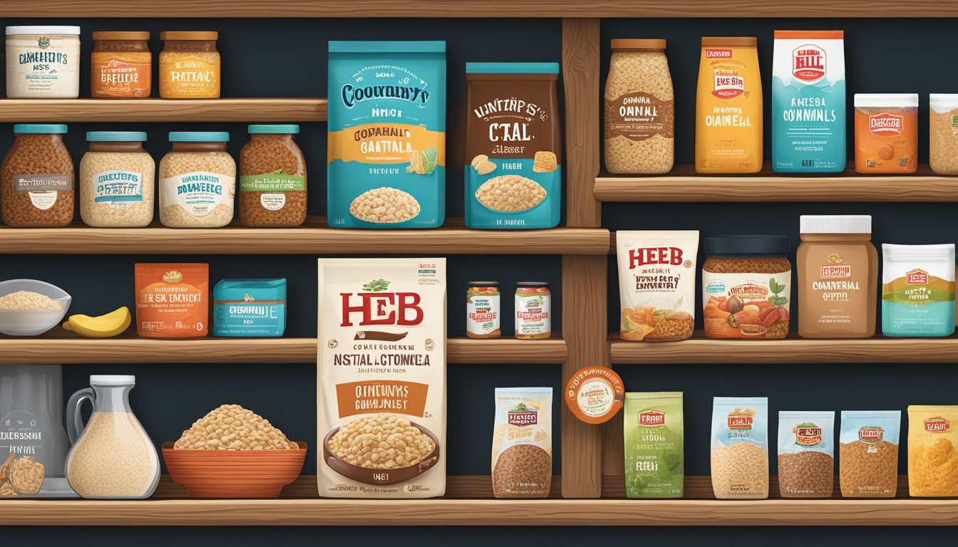 A rustic pantry shelf filled with Hill Country Fare H-E-B Texas Style Instant Oatmeal and 14 other HEB products