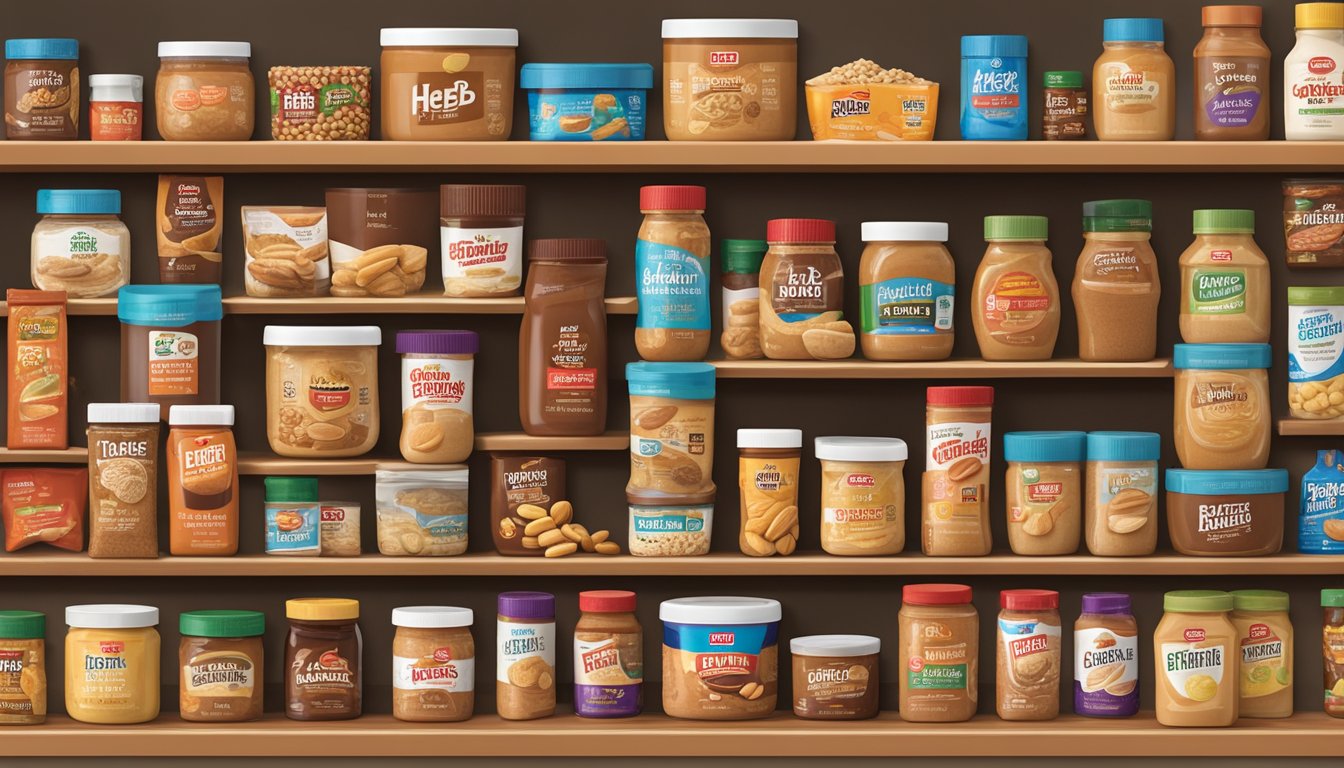 A jar of H-E-B Select Ingredients Creamy Peanut Butter surrounded by 15 other HEB pantry products, arranged neatly on a shelf