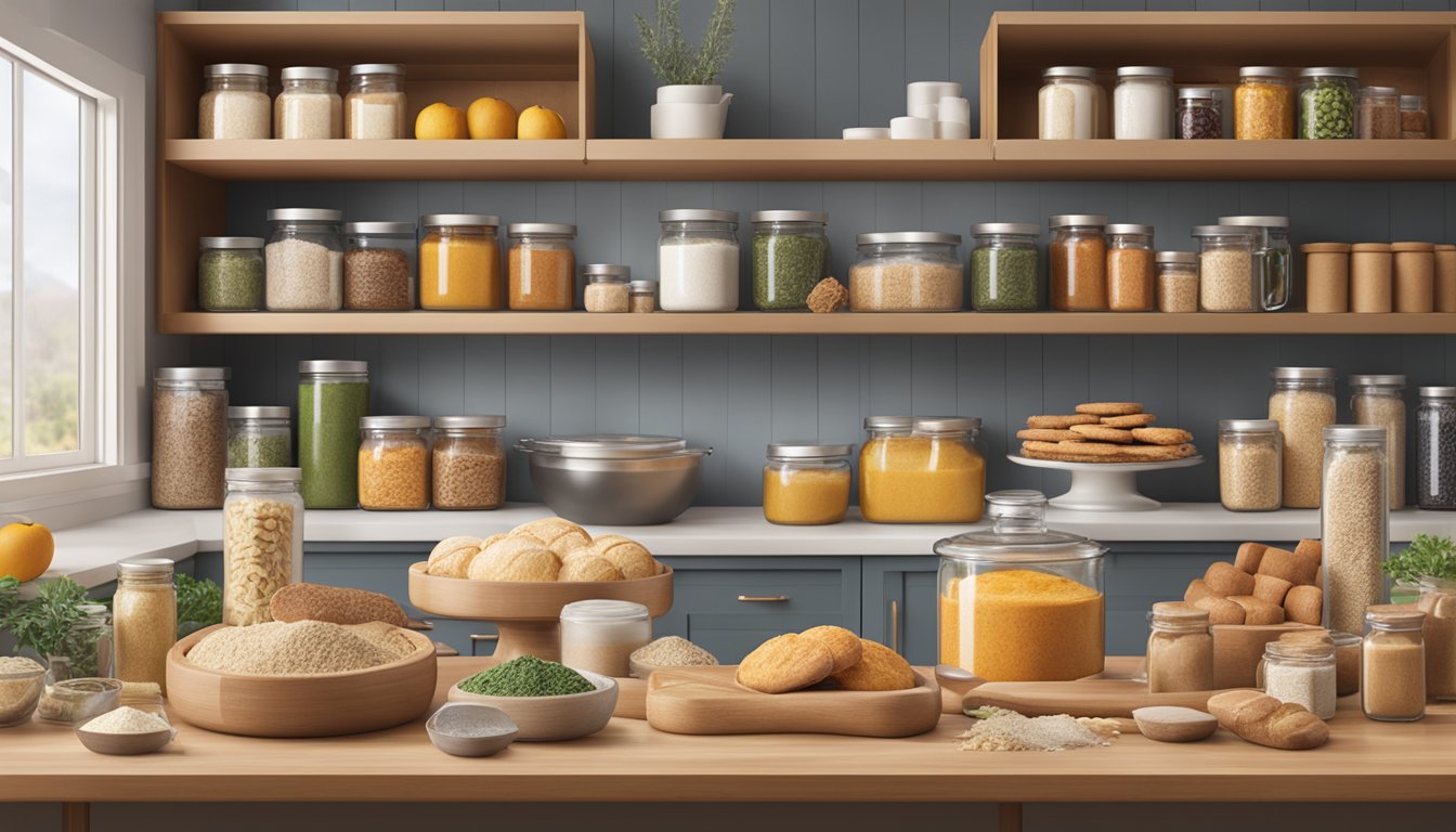 A cozy kitchen counter with a variety of seasonal baking ingredients neatly organized in HEB-branded packaging