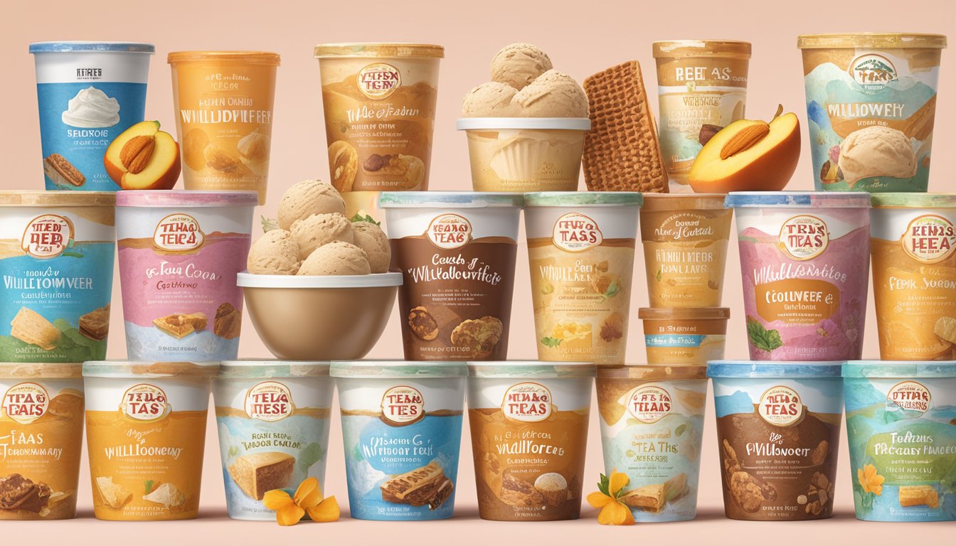 A scoop of Texas Wildflower Honey Ice Cream surrounded by 11 other HEB products with Texas-inspired flavors, such as pecan pie and peach cobbler