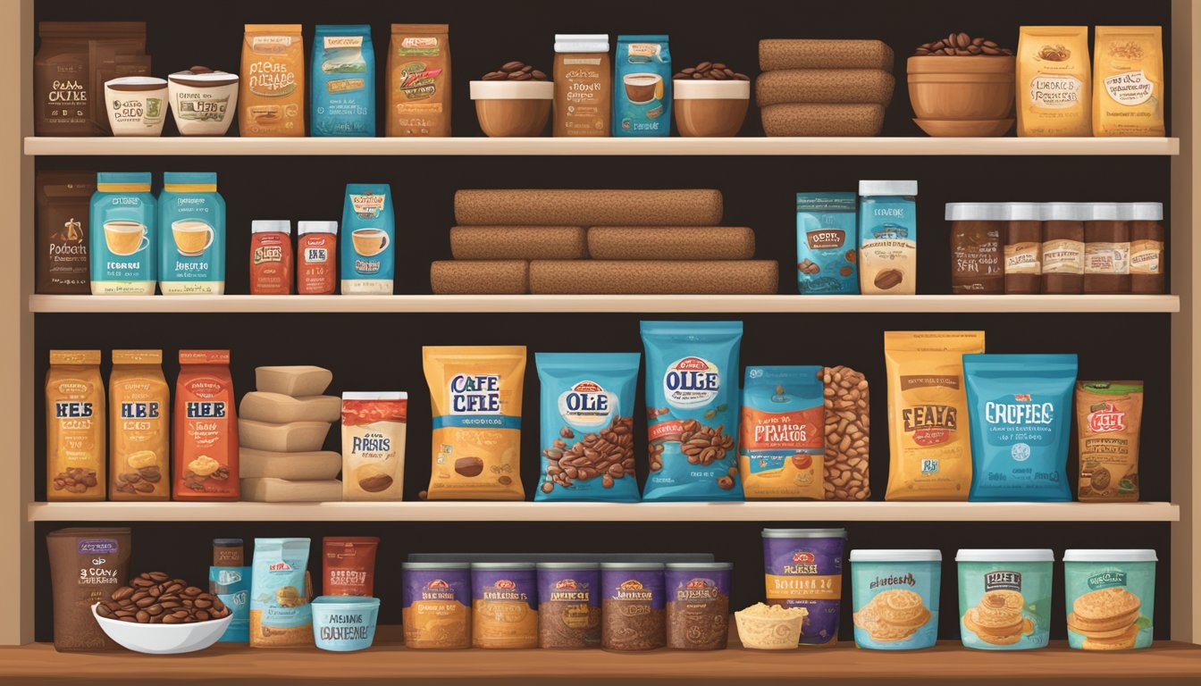 A cozy pantry shelf filled with H-E-B products, featuring Cafe Olé Texas Pecan Coffee, ready for stocking