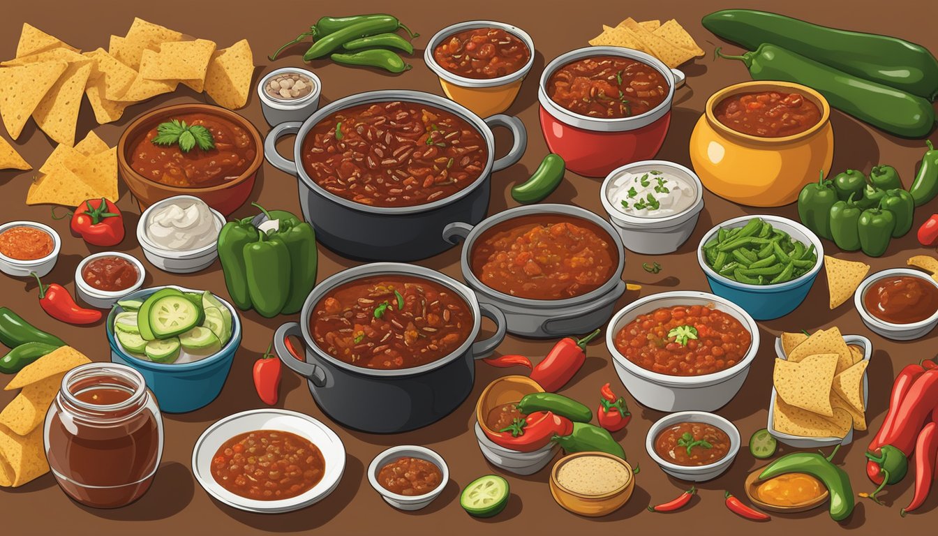 A steaming pot of True Texas Chili surrounded by 12 HEB products, including salsa, BBQ sauce, and jalapenos, all showcasing the bold flavors of Texas