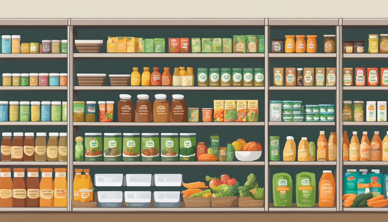 A well-stocked pantry with H-E-B Organics Vegetable Broth and 14 other HEB products neatly arranged on shelves