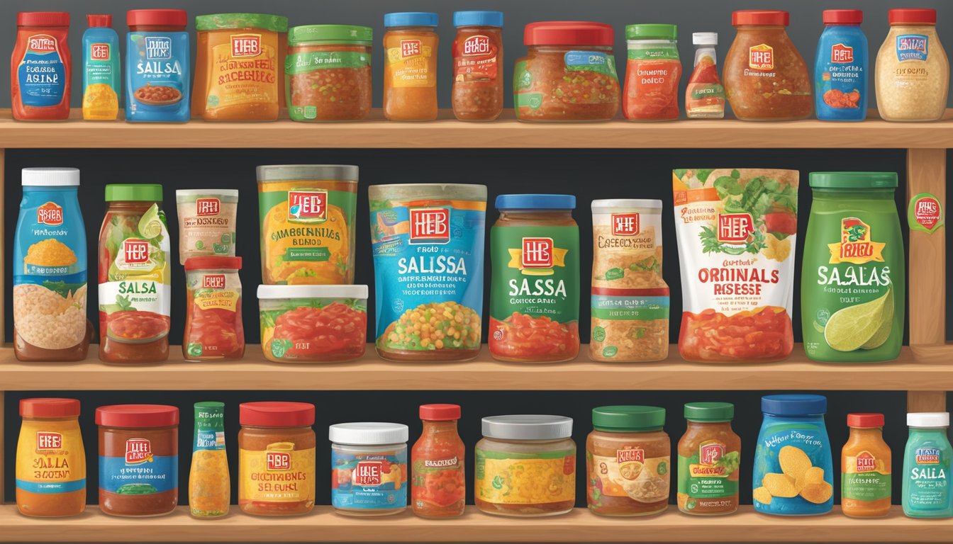 A colorful array of H-E-B Select Ingredients Texas Originals Salsa and 14 other HEB products neatly arranged on shelves