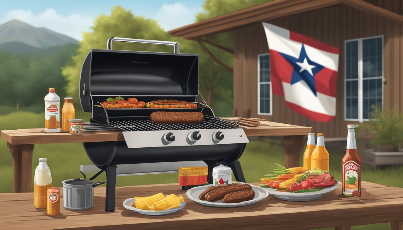 A rustic outdoor BBQ setting with a grill, Texas flag, and various HEB products displayed on a wooden table