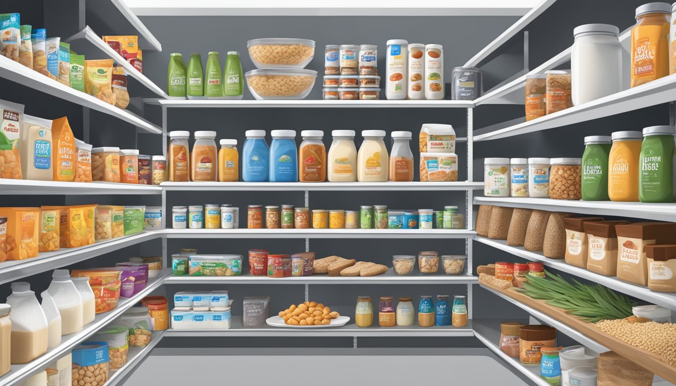 A fully stocked pantry with 15 H-E-B Select Ingredients products, including Almond Milk, neatly organized on shelves