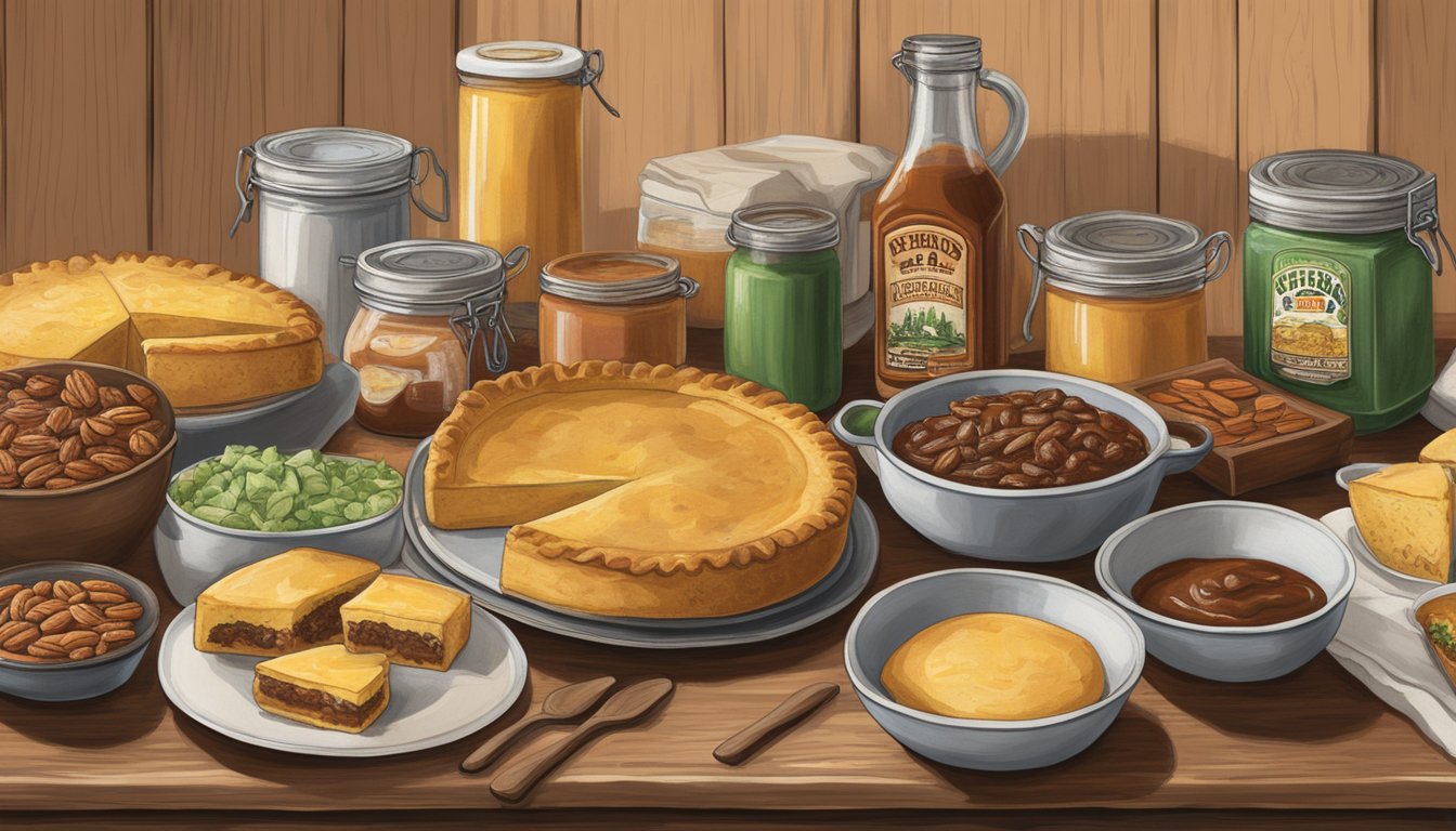 A rustic kitchen table with a spread of 12 HEB Texas-themed products, including Texas Cornbread Mix, BBQ sauce, and pecan pie