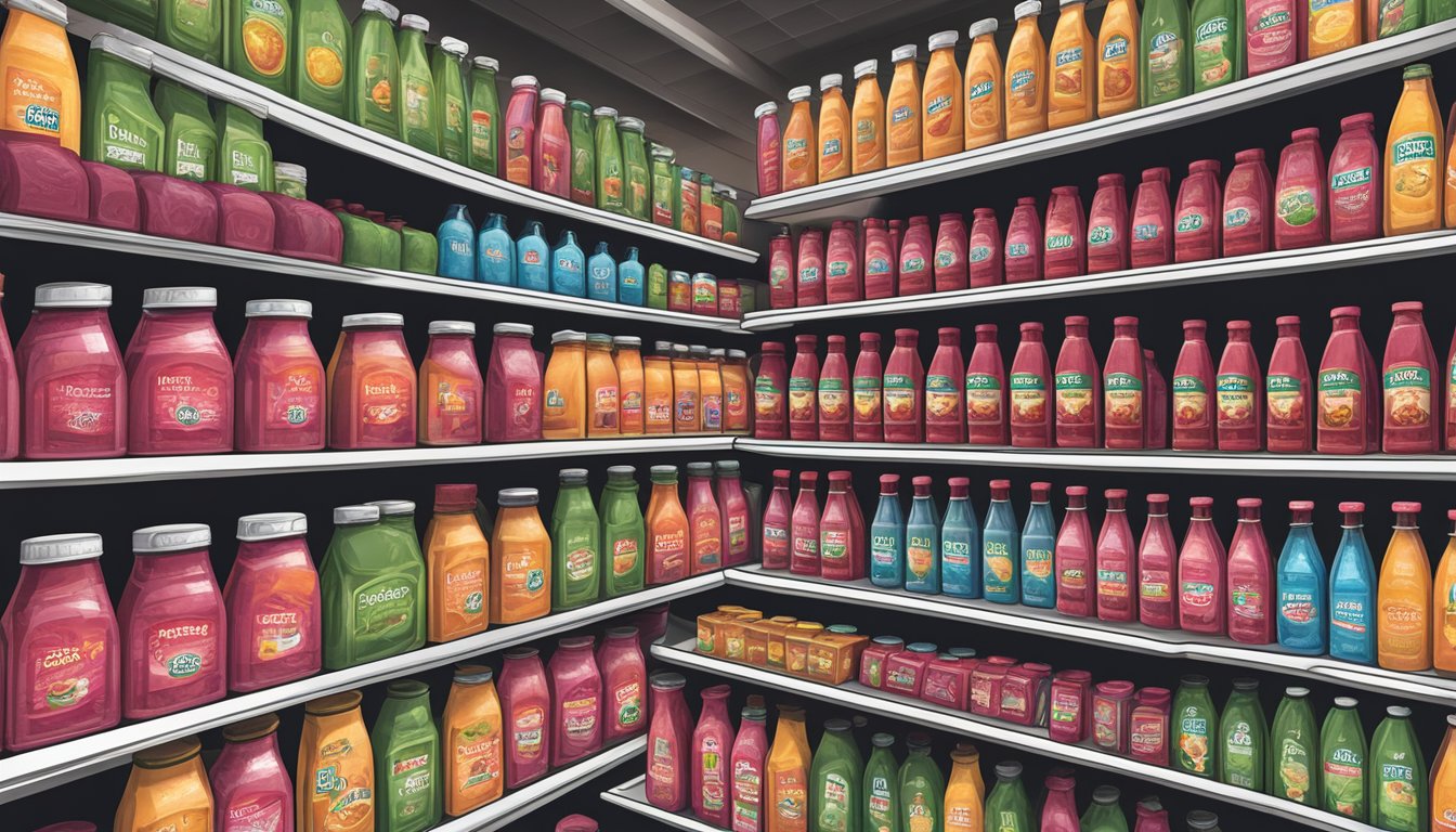 A fully stocked pantry with 15 H-E-B Select Cranberry Juice bottles lined up neatly on the shelves