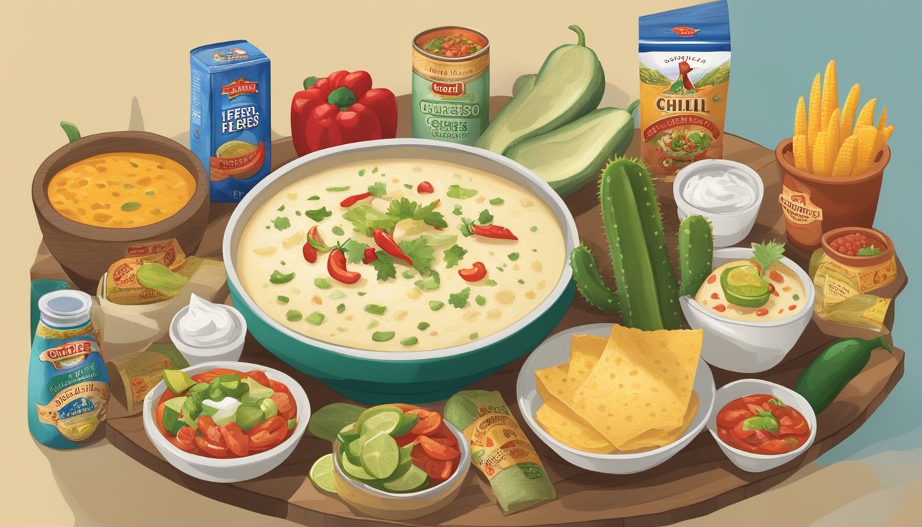 A table with 12 HEB products, including Lone Star Queso Blanco, surrounded by Texas-themed decor and ingredients like chili peppers and cactus