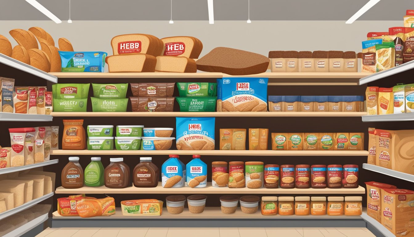 A loaf of H-E-B Organics Whole Wheat Bread surrounded by 14 other HEB pantry products neatly arranged on shelves