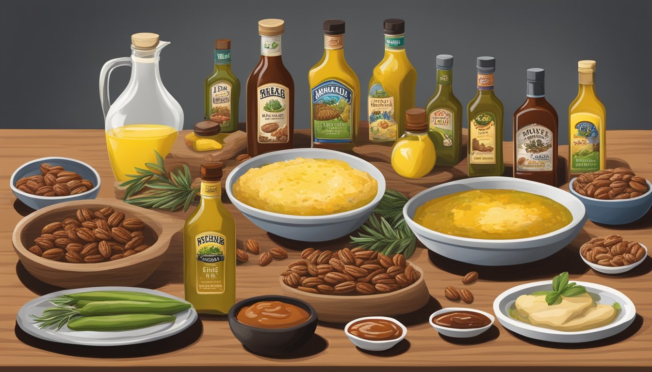 A table with 12 HEB products, including Texas Olive Oil, surrounded by native Texan flavors like pecans, barbecue sauce, and salsa